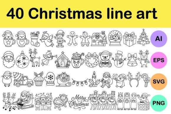 40 Christmas Line Art Clipart & Illustrations