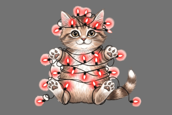 Adorable Kitten Tangled in Red Christmas Illustrations