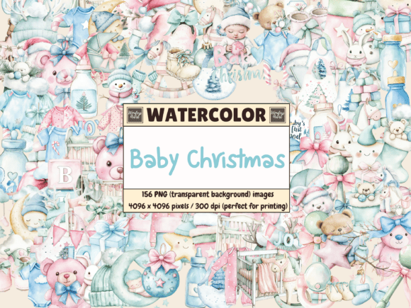 Baby Christmas Watercolor Clipart & Illustrations