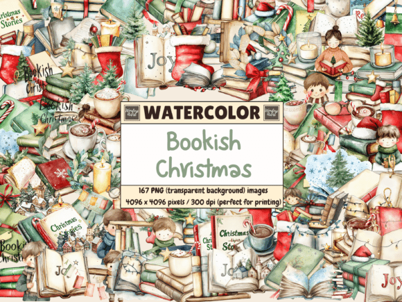 Bookish Christmas Watercolor Clipart & Illustrations
