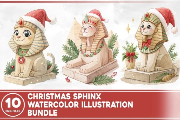 Christmas Sphinx Watercolor Bundle Illustrations