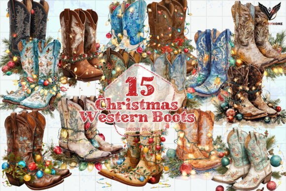 Christmas Western Boots PNG & Illustrations