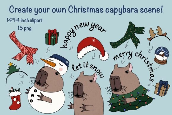 Cute Christmas Animals, Capybara Clipart & Illustrations