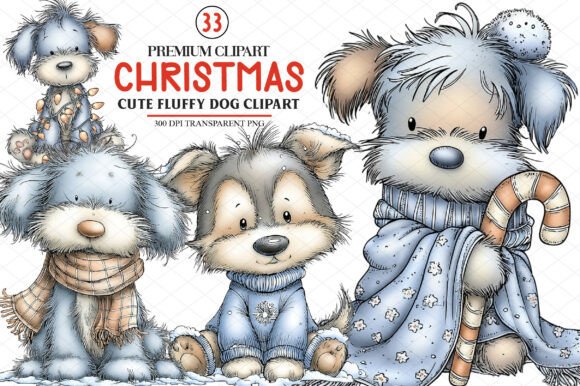Cute Christmas Fluffy Dog Clipart & Illustrations
