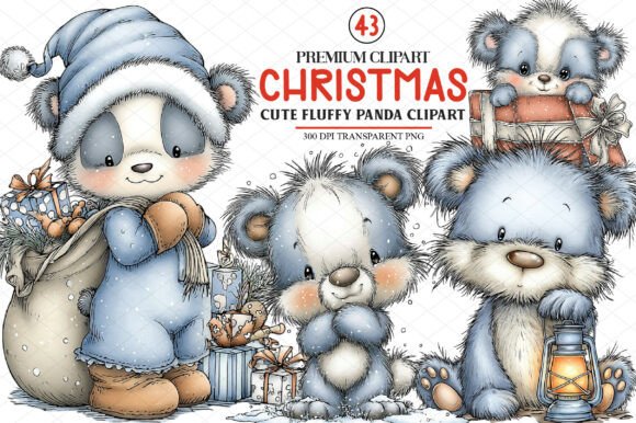 Cute Christmas Fluffy Panda Clipart & Illustrations
