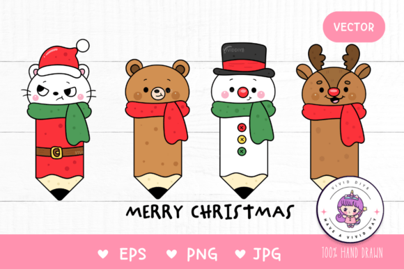 Cute Christmas Pencil Cat Kawaii Clipart & Illustrations