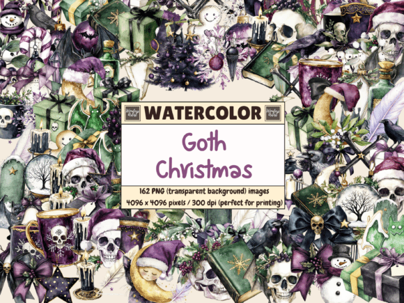 Goth Christmas Watercolor Clipart & Illustrations
