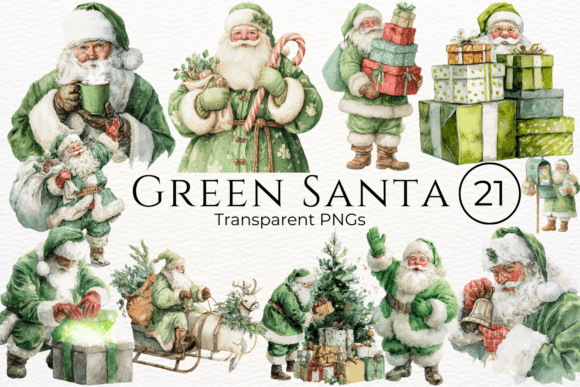 Green Santa Watercolor Clipart for Illustrations