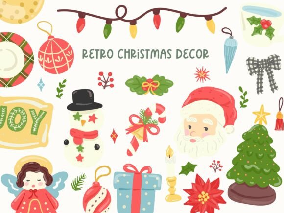 Retro Christmas Decor Clipart & Illustrations