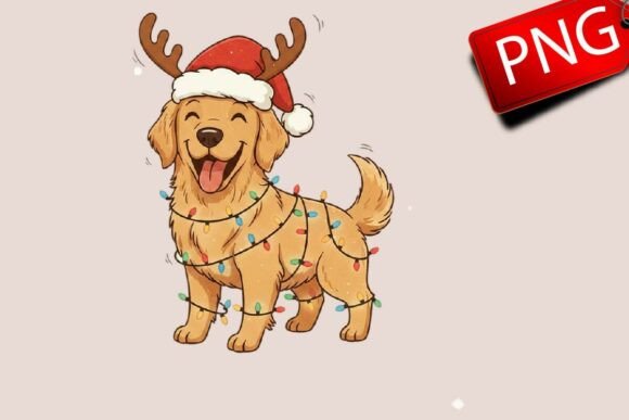Reviewing Golden Retriever Xmas PNG Illustrations