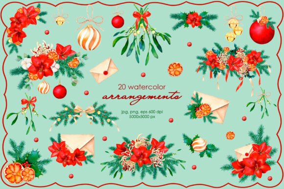 Scarlet Christmas Botanicals Arrangement Illustrations