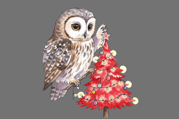 Watercolor Owl Decorating Red Christmas Illustrations