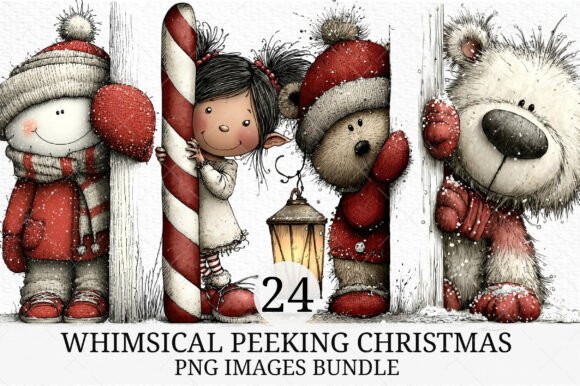 Whimsical Peeking Christmas Clipart & Illustrations
